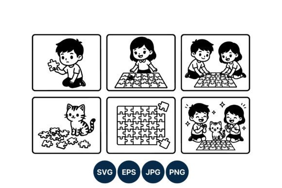 Download Children and Cat Solving Puzzle Black - Premium Resources